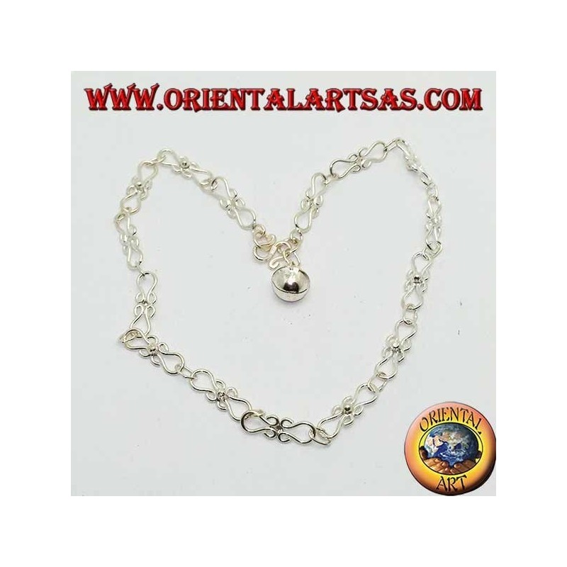 Curved knitting silver anklet with a bell