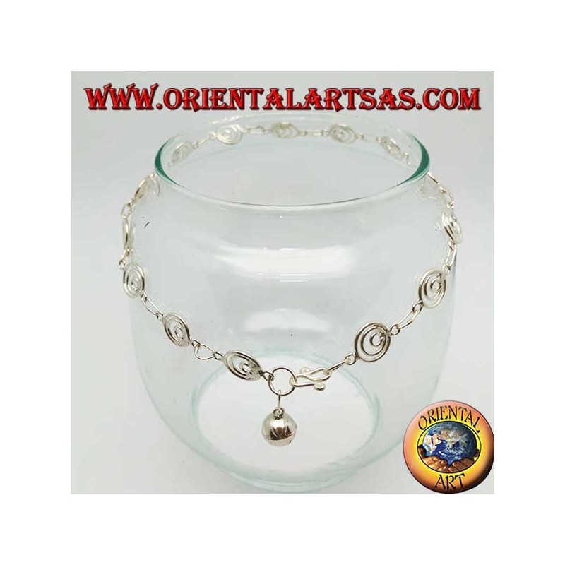 Silver anklet with large spiral mesh and a bell