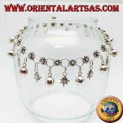 Silver anklet with flowers and marijuana leaves and alternating hanging bells