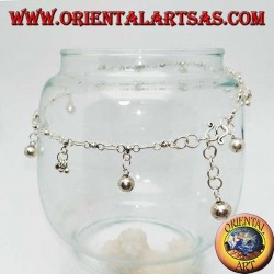 Bracelet de cheville en argent avec des groupes de trois boules et des cloches suspendues alternées
