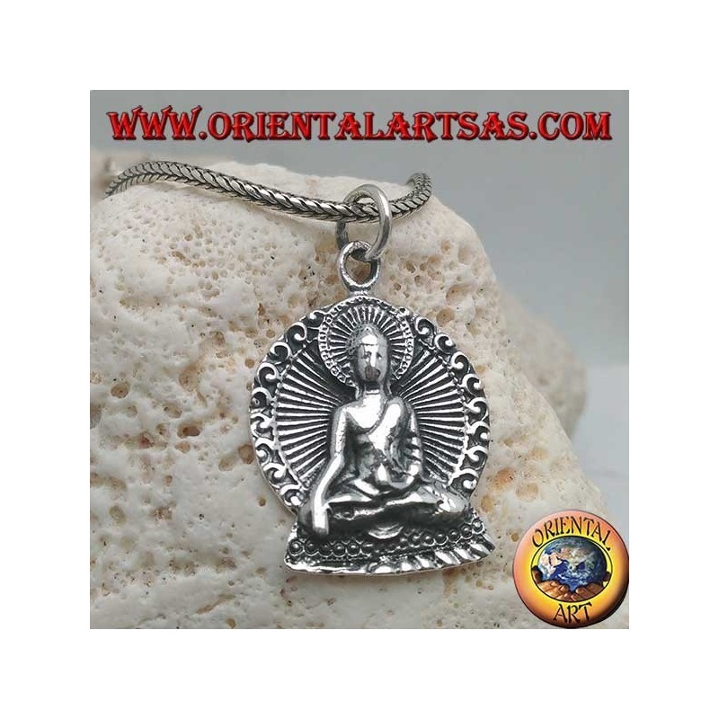 Silver Buddha pendant in "Bhumisparsha Mudra" position with halo in the disk
