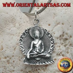 Silver Buddha pendant in "Bhumisparsha Mudra" position with halo in the disk