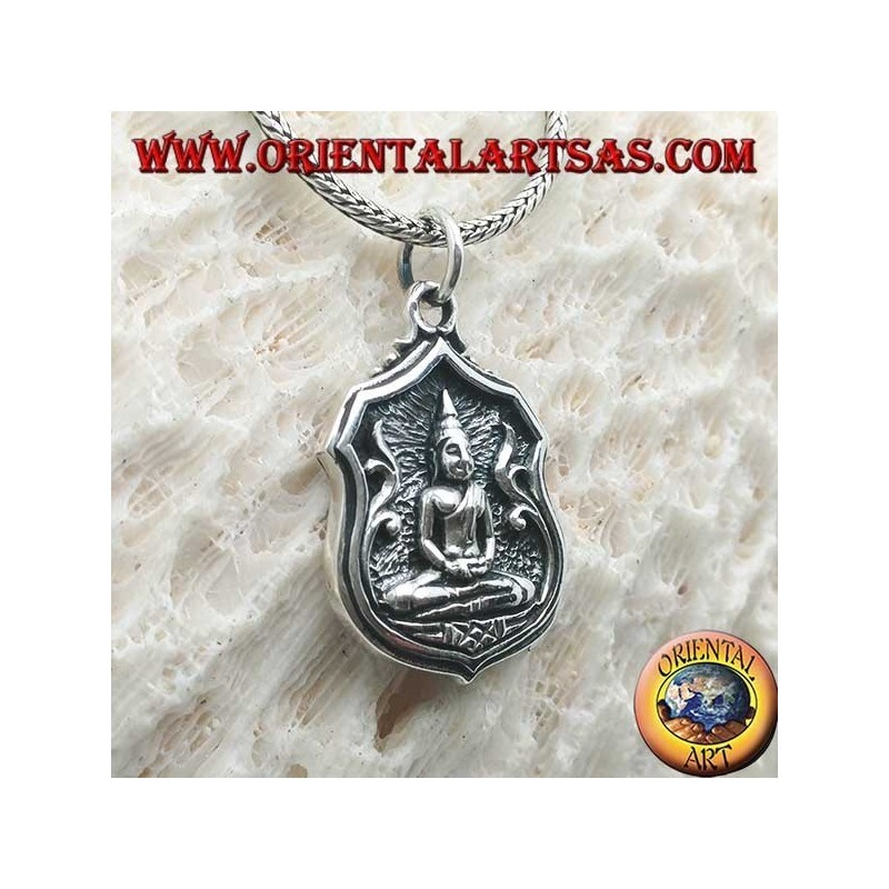 Silberner Buddha-Anhänger "Dhyana Mudra", Symbol der Meditation "auf dem Bild mit Schriften auf der Rückseite