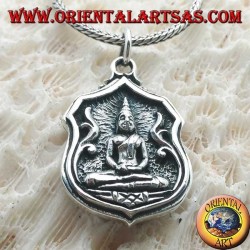 Silberner Buddha-Anhänger "Dhyana Mudra", Symbol der Meditation "auf dem Bild mit Schriften auf der Rückseite