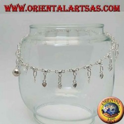 Silver anklet with smooth hanging hearts and a bell