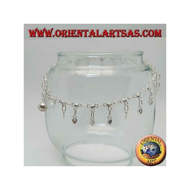 Silver anklet with smooth hanging hearts and a bell