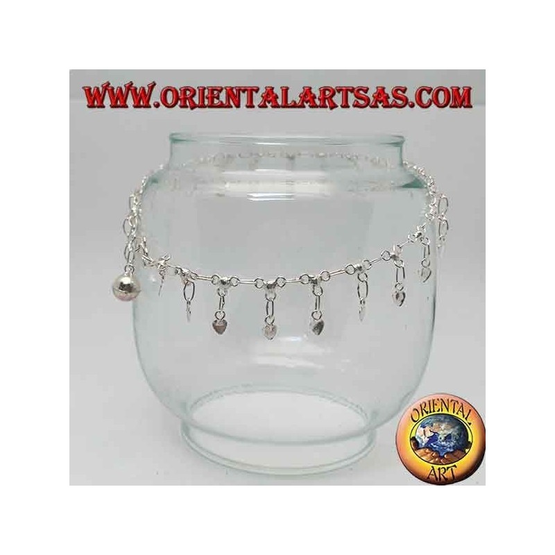 Silver anklet with smooth hanging hearts and a bell