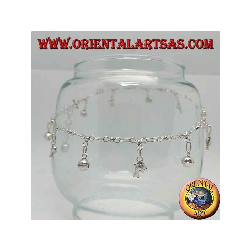 Bracelet de cheville en argent avec dauphin et cloche suspendue alternée