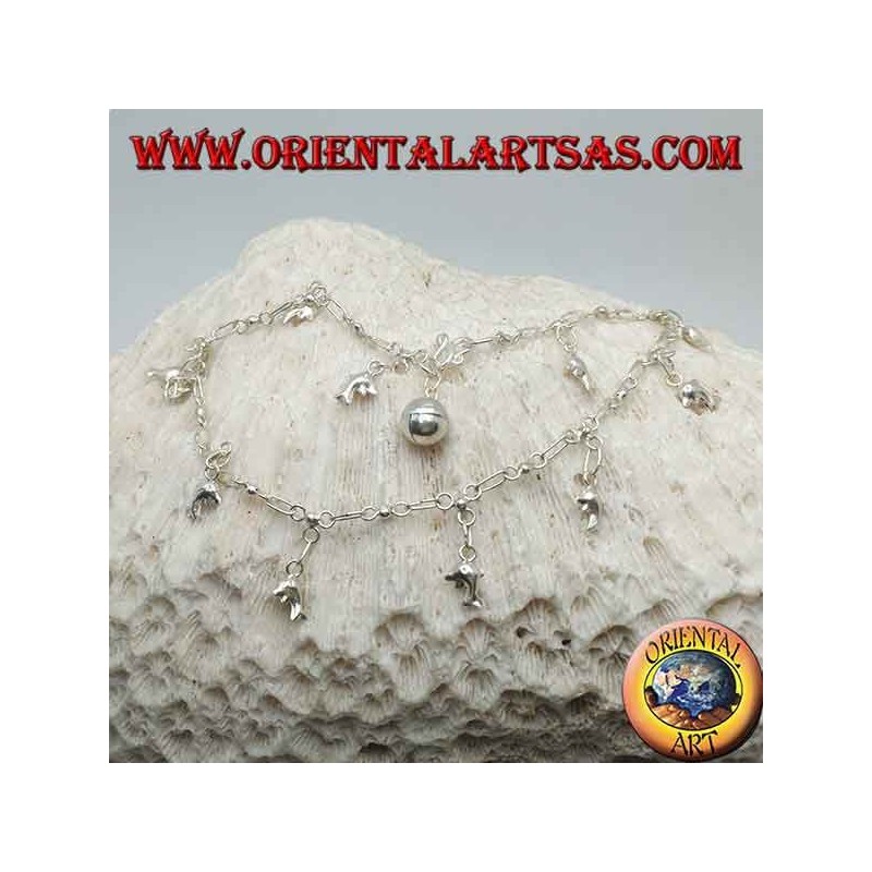 Bracelet de cheville en argent avec des dauphins suspendus et une cloche