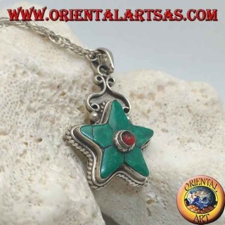 Ciondolo in argento stella incoronata con turchese tibetano e corallo tondo al centro 