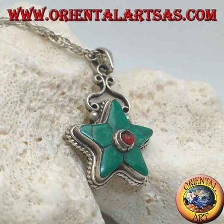 Silver star pendant crowned with Tibetan turquoise and round coral in the center