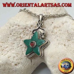 Colgante estrella de plata coronado con turquesa tibetana y coral redondo en el centro