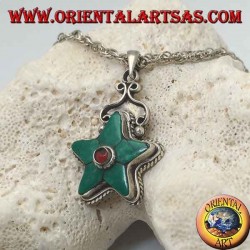 Silver star pendant crowned with Tibetan turquoise and round coral in the center