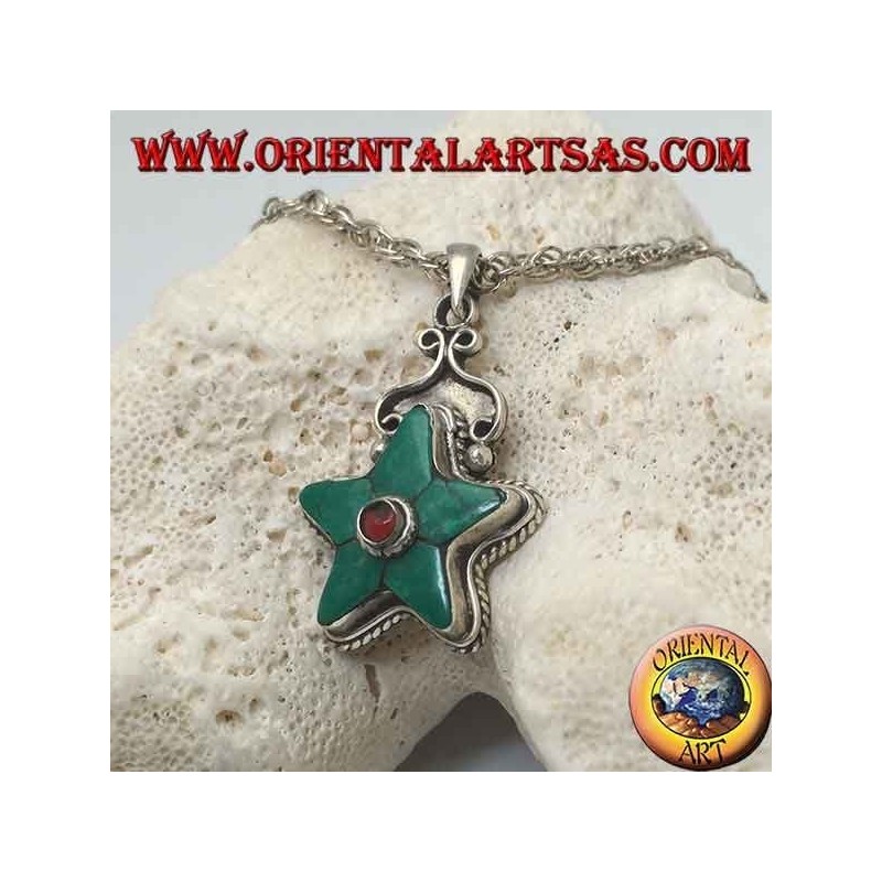 Colgante estrella de plata coronado con turquesa tibetana y coral redondo en el centro