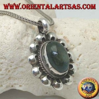 Silver pendant with oval cabochon labradorite surrounded by interlacing and perforated discs