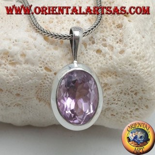 Silver pendant with oval faceted natural amethyst and smooth frame with rigid hook