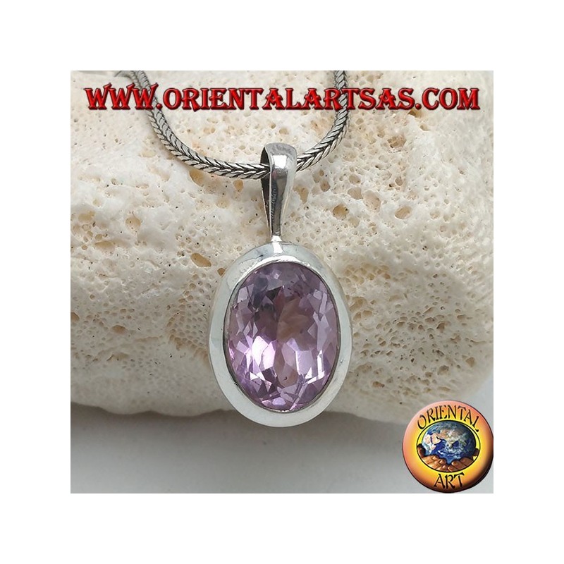 Pendentif en argent avec améthyste naturelle facettée ovale et structure lisse avec crochet rigide