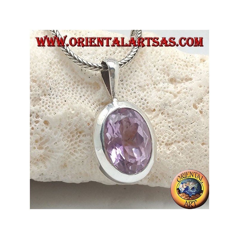 Silver pendant with oval faceted natural amethyst and smooth frame with rigid hook