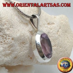 Silver pendant with oval faceted natural amethyst and smooth frame with rigid hook