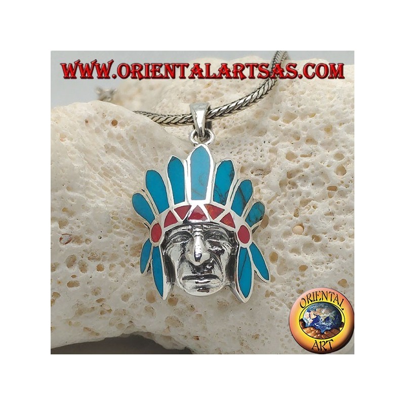 Pendentif en argent, tête d'amérindienne d'Amérique avec coiffe de plumes turquoise et corail