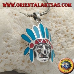 Silberanhänger, Kopf eines amerikanischen Ureinwohners aus Amerika mit Kopfschmuck aus Federn mit Türkis und Korallen