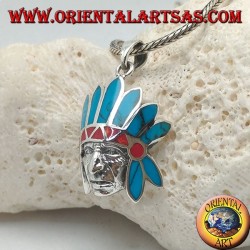 Silver pendant, head of a native american from america with headdress of feathers with turquoise and corals