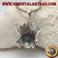 Silver pendant, head of a native american from america with headdress of feathers with turquoise and corals