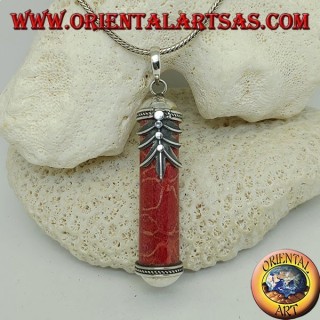 Ciondolo in argento cilindro di madrepora rossa (corallo) con decorazioni e foglia di palma