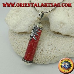 Colgante de plata de cilindro de madrepora roja (coral) con adornos y hoja de palma