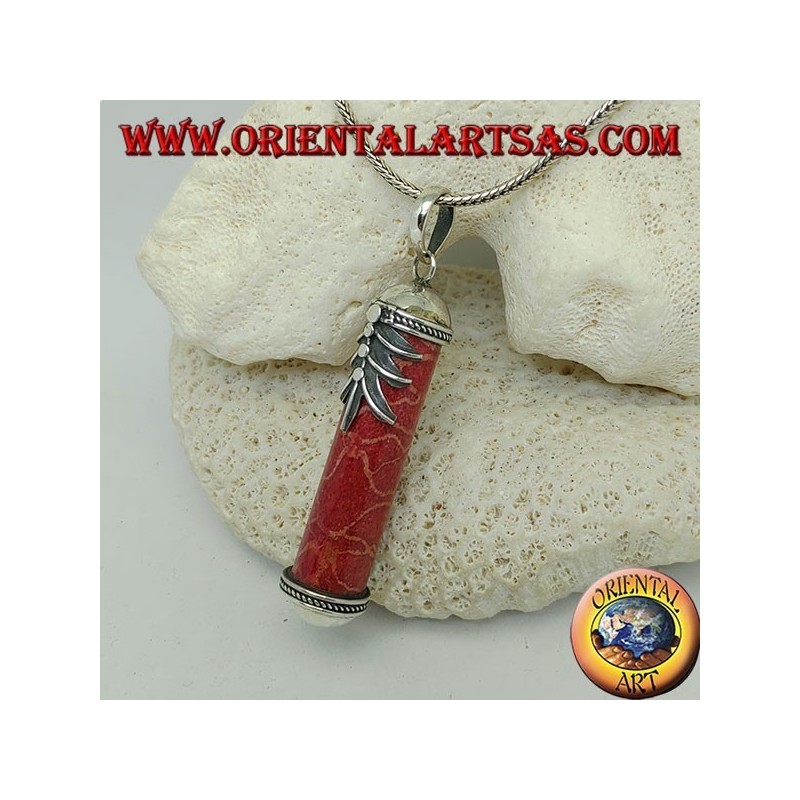 Silver cylinder pendant of red madrepora (coral) with decorations and palm leaf