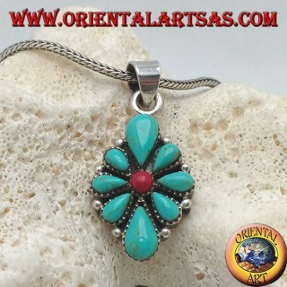 Pendentif en argent, bouclier rhomboïde avec turquoise en forme de larme et un corail rond central