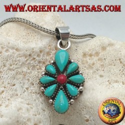 Silver pendant, rhomboid shield with native teardrop turquoise and a central round coral