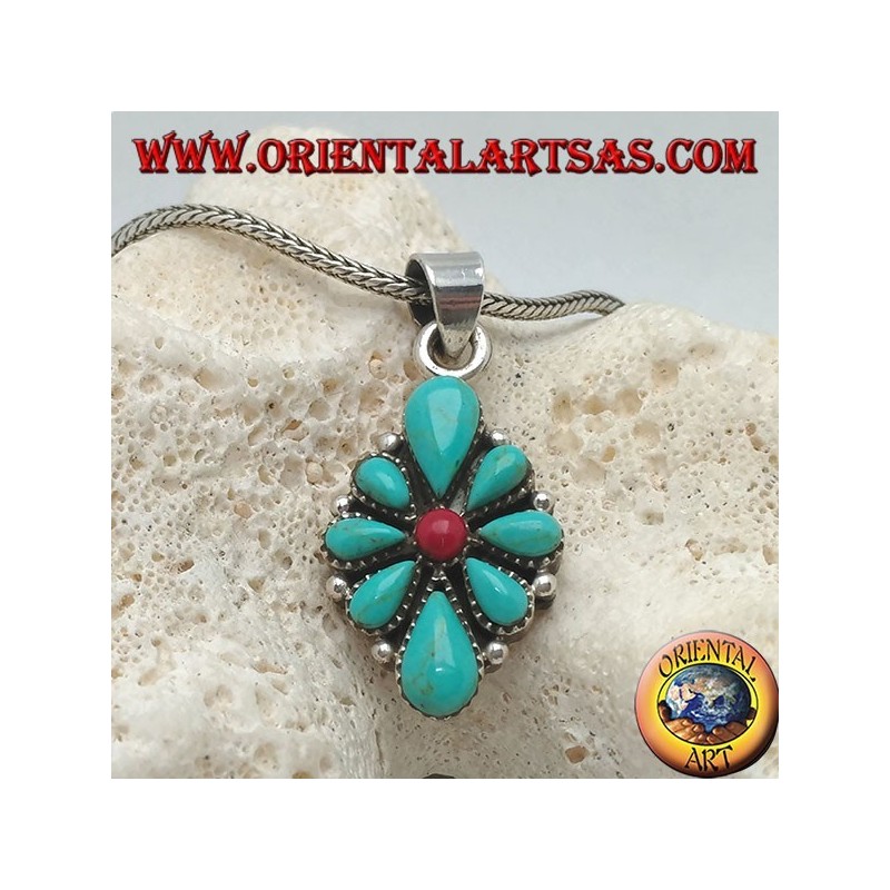 Pendentif en argent, bouclier rhomboïde avec turquoise en forme de larme et un corail rond central