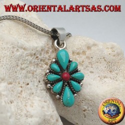 Colgante de plata, escudo romboidal con lágrima turquesa nativa y un coral redondo central