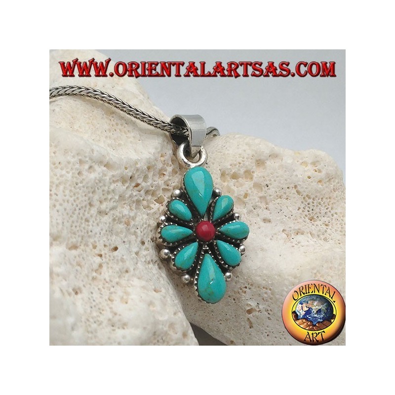 Pendentif en argent, bouclier rhomboïde avec turquoise en forme de larme et un corail rond central