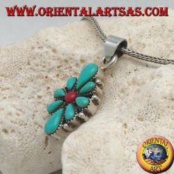 Silver pendant, rhomboid shield with native teardrop turquoise and a central round coral