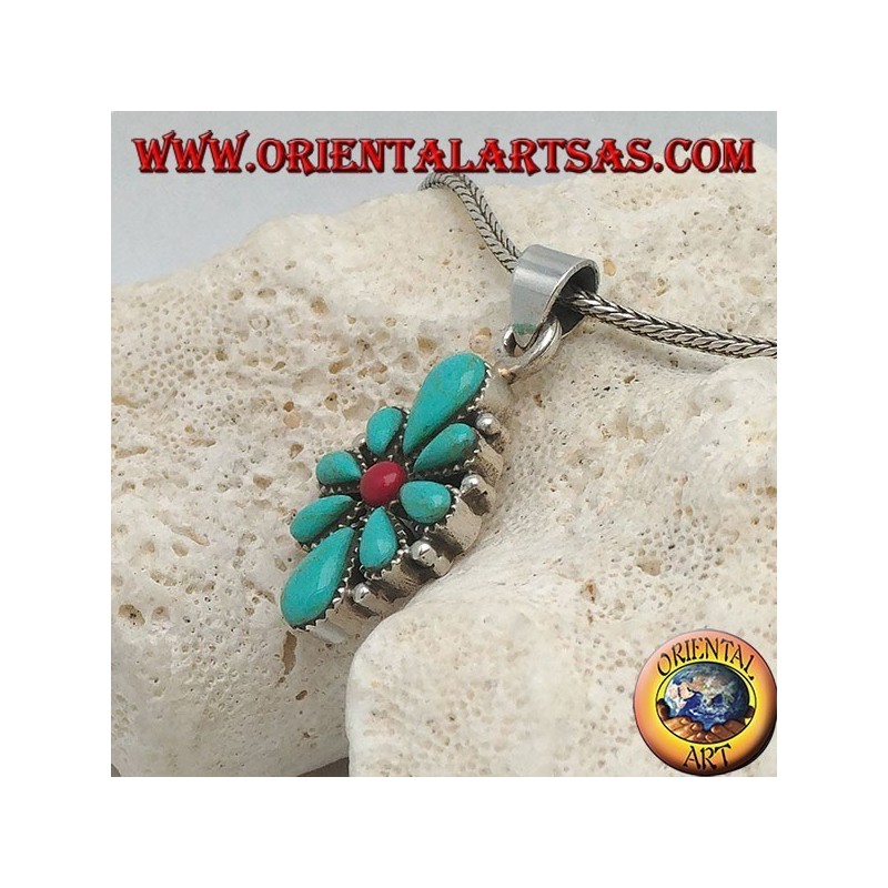 Pendentif en argent, bouclier rhomboïde avec turquoise en forme de larme et un corail rond central