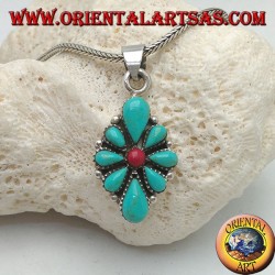 Pendentif en argent, bouclier rhomboïde avec turquoise en forme de larme et un corail rond central