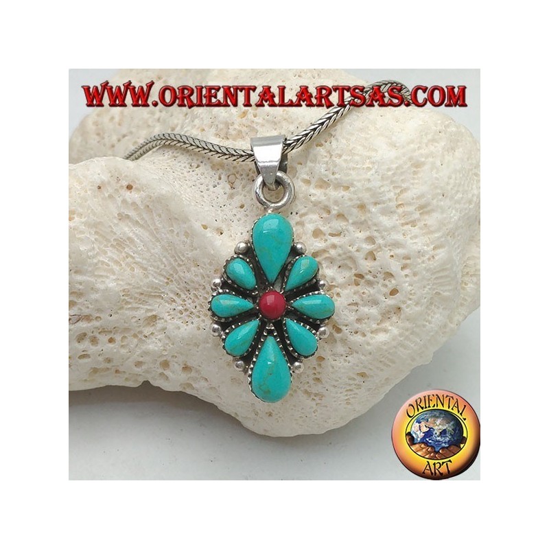 Silver pendant, rhomboid shield with native teardrop turquoise and a central round coral