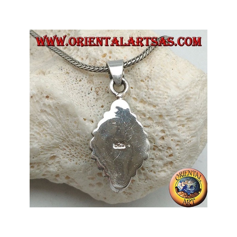 Silver pendant, rhomboid shield with native teardrop turquoise and a central round coral
