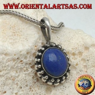 Silver pendant with oval lapis lazuli surrounded by two rounds of spheres