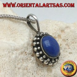Silver pendant with oval lapis lazuli surrounded by two rounds of spheres