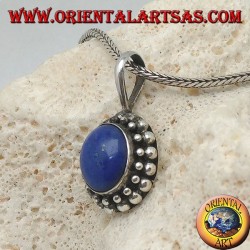 Silver pendant with oval lapis lazuli surrounded by two rounds of spheres