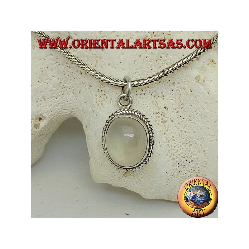 Silver pendant with oval moonstone surrounded by subtle weaves