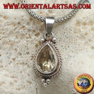 Silver pendant with natural yellow drop topaz surrounded by intertwining and balls