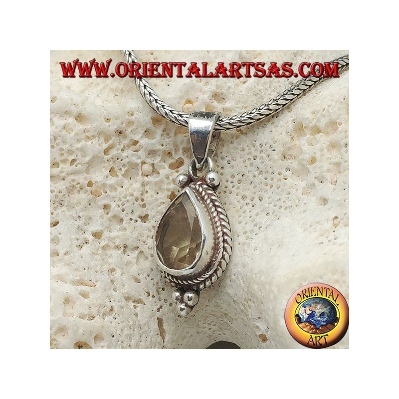 Pendentif en argent avec topaze goutte naturelle jaune entourée de tresses et de boules