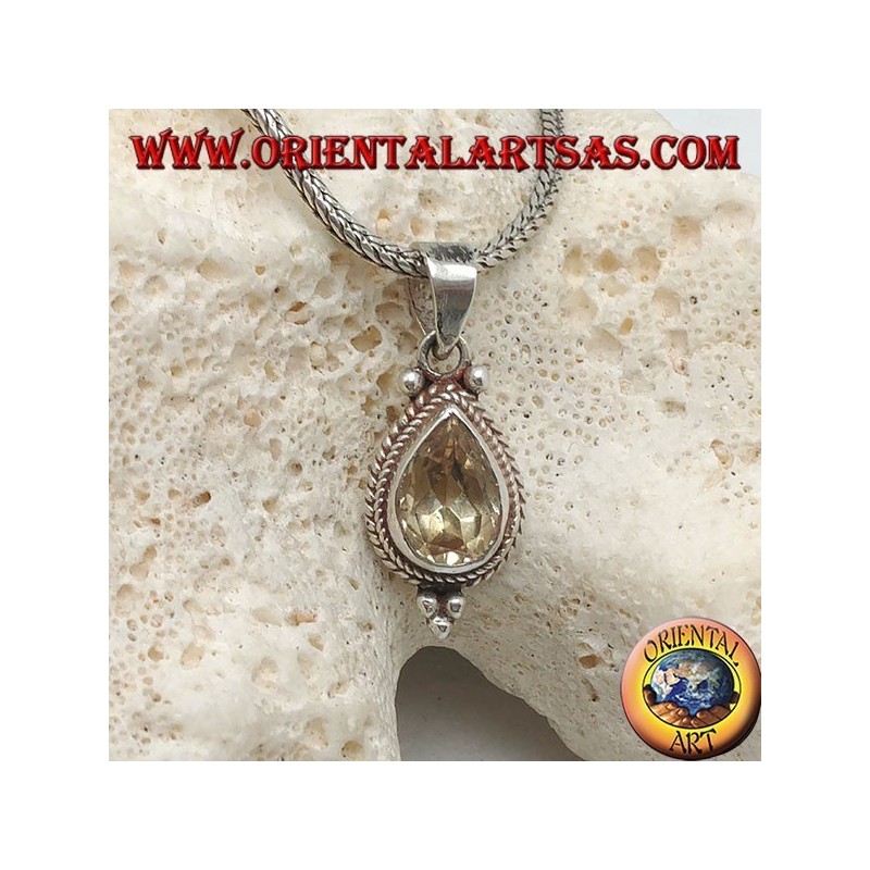 Pendentif en argent avec topaze goutte naturelle jaune entourée de tresses et de boules