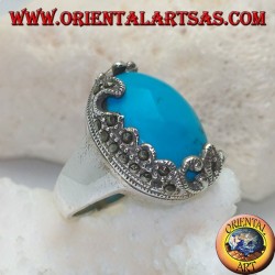 Silver ring with oval cabochon turquoise and decorations with floral marcasites on one side only