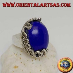 Silver ring with oval cabochon sodalite and decorations with floral marcasites on one side only