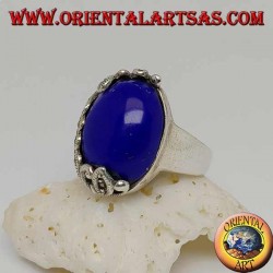 Silver ring with oval cabochon sodalite and decorations with floral marcasites on one side only